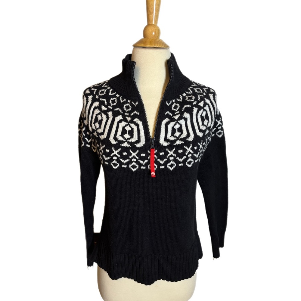 T by Talbots Black and White Patterned Quarter-Zip Sweater
